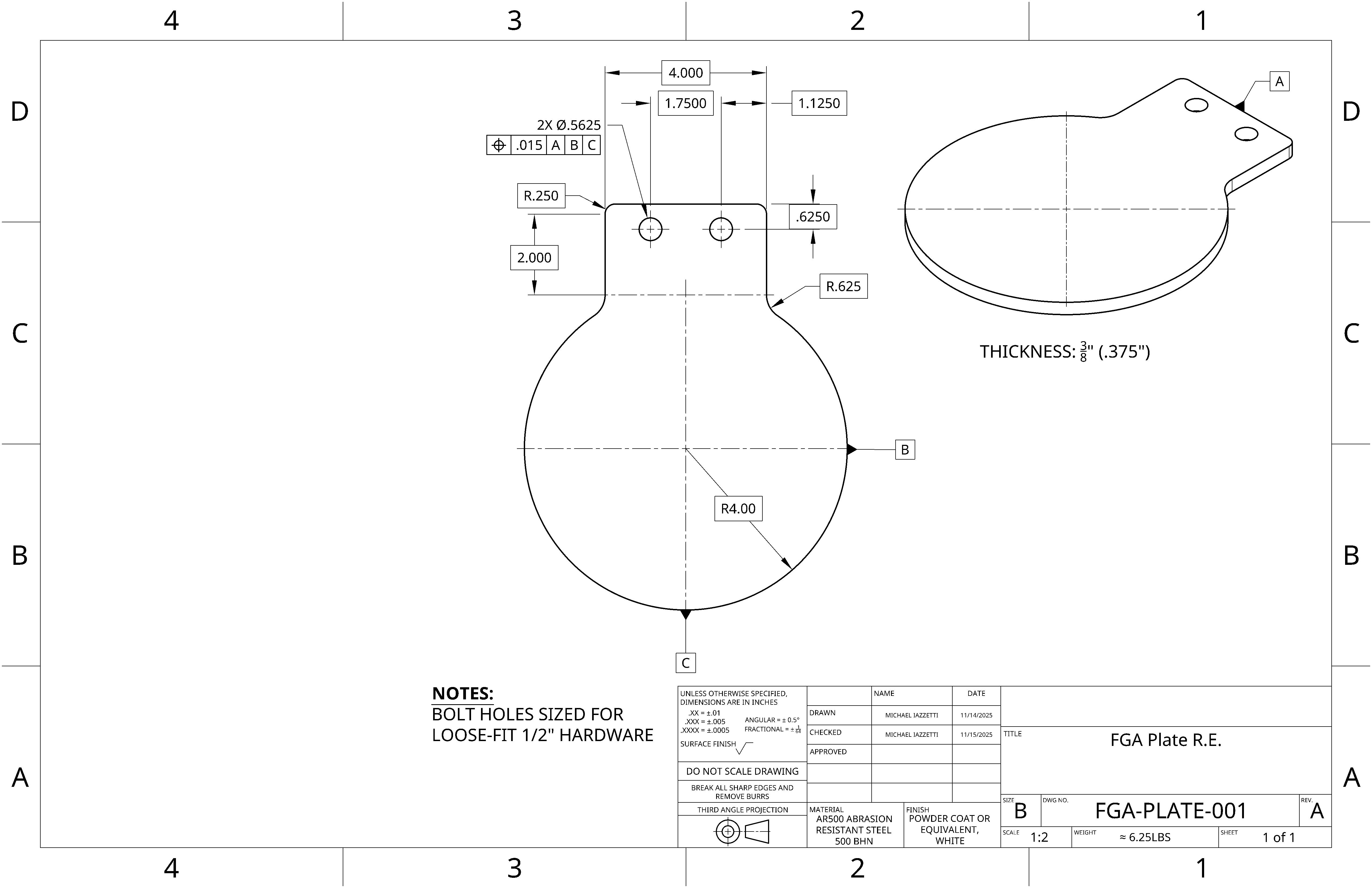 Engineering drawing of reverse-engineered AR500 plate with dimensions and notes.